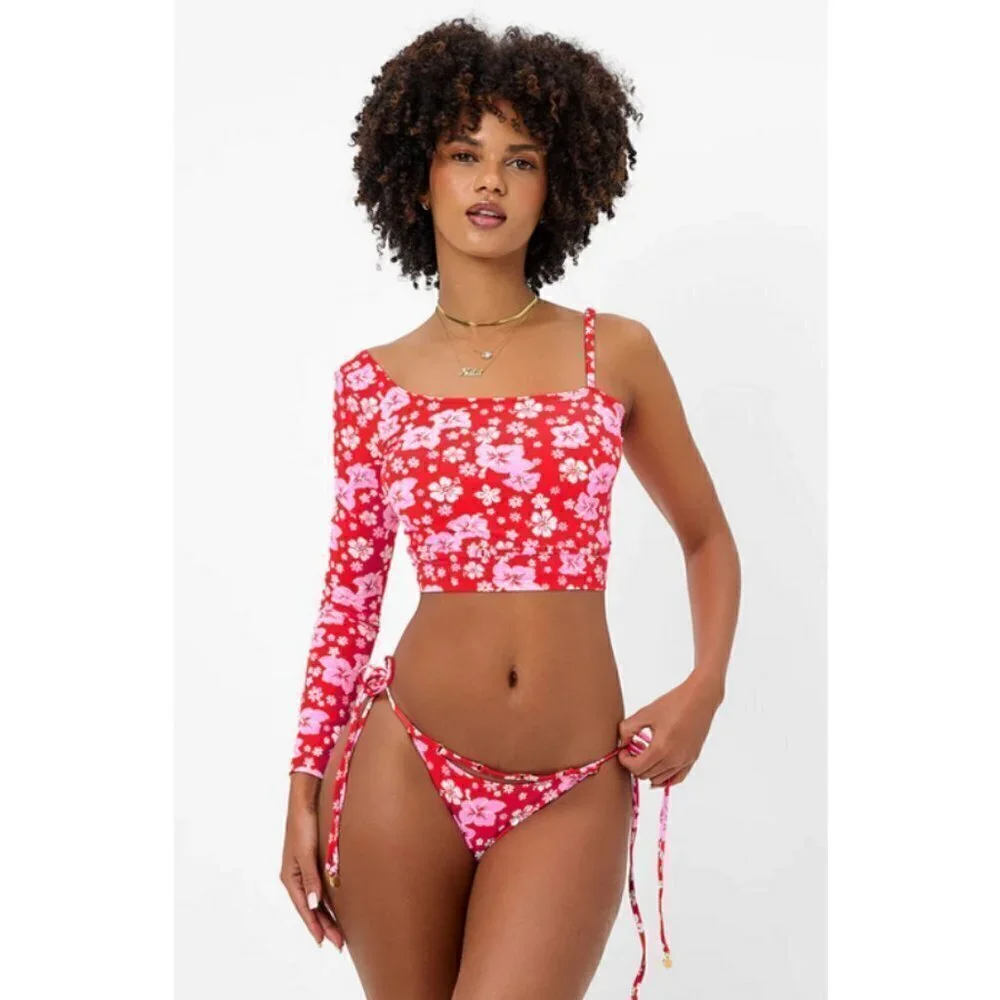 💕FRANKIES BIKINIS Keira Floral One Shoulder Bikini Top  Coconut Girl Large NWT